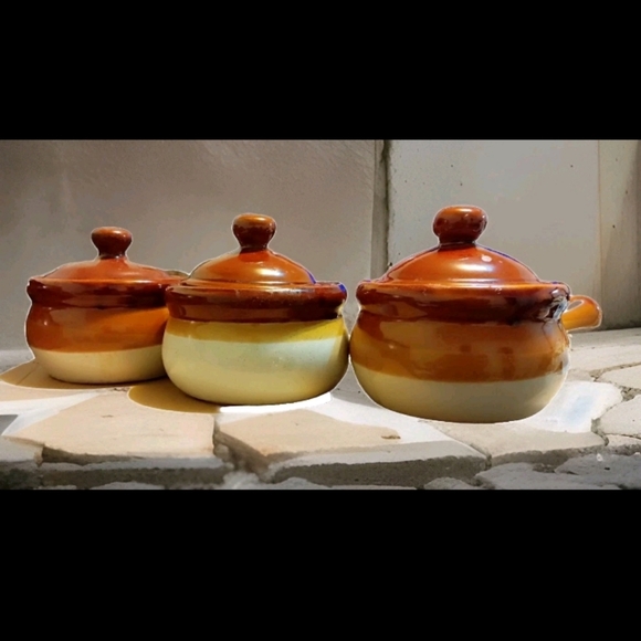 Lot of 3 Vintage Brown&Tan Stoneware French Onion Soup Bowls With Handles & Lids - Picture 6 of 9